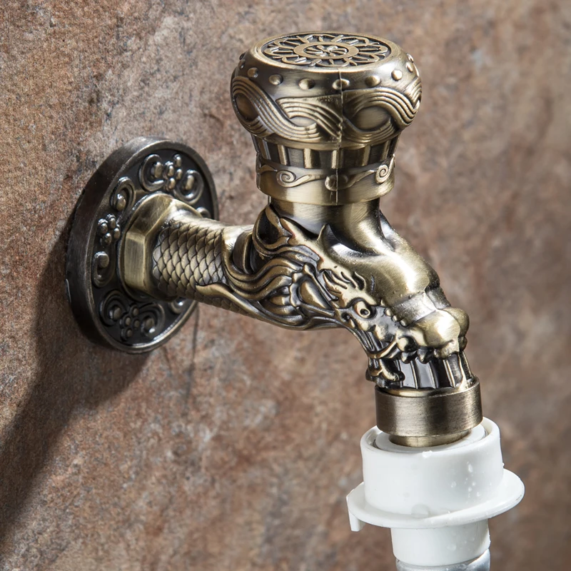 LongJue Carved Wall Mount Zinc Alloy Antique Bibcock Garden Wash Basin Faucet Decorative Outdoor Garden Mop Taps Torneira parede