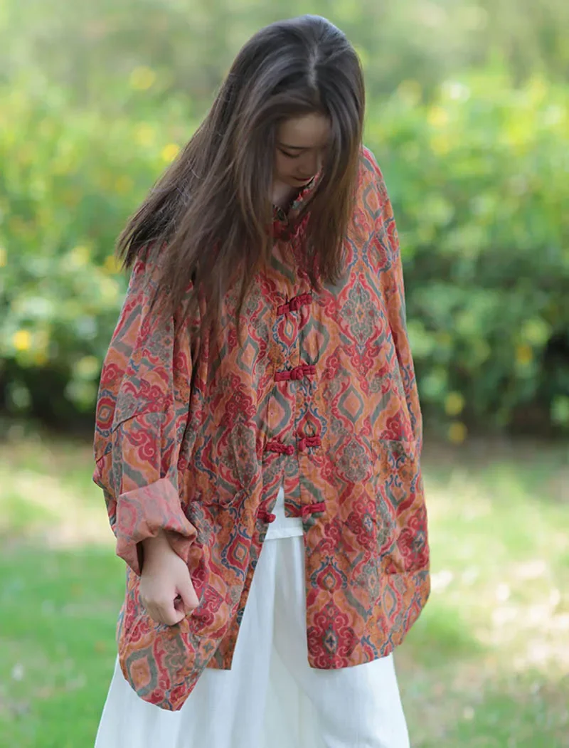 レディースルーズ単層ラミー長袖シャツ単列カエルボタンプリントショートジャケットヴィンテージファッション初秋