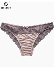 BirdTree 100%Real Silk Low-rise Briefs,Women's Lace Hollow Sweet Comfortable Breathable Mesh Panties,2024 Summer New P41950QD