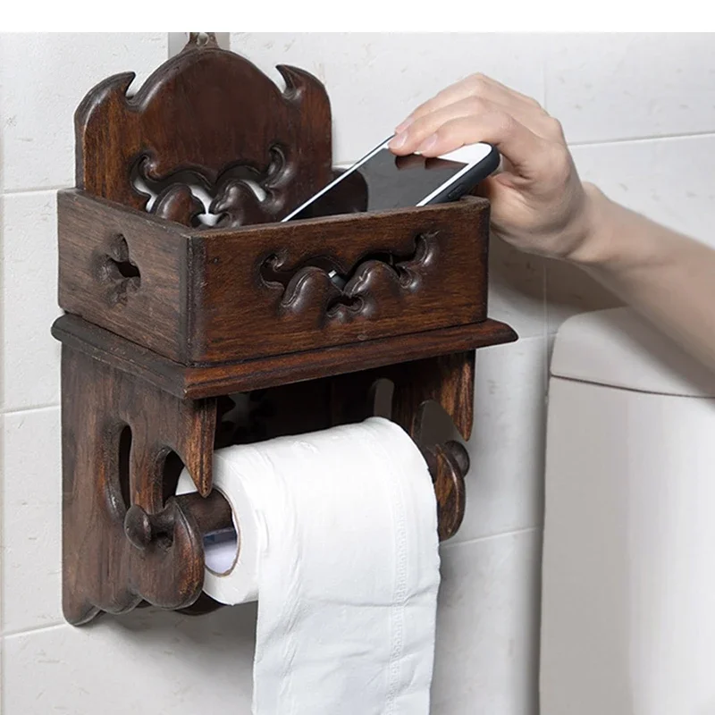 Wooden Paper Towel Holder Toilet Storage Rack Tissue Box Home Wall Mounted Container Bathroom Shelf