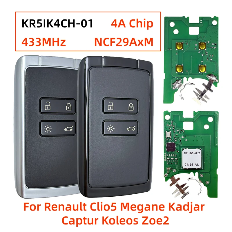 

KR5IK4CH-01 4 Buttons Smart Keyless Key Fob 433MHz 4A NCF29AxM Chip For Renault Clio5 Megane Kadjar Captur Koleos Zoe2 2016-2022