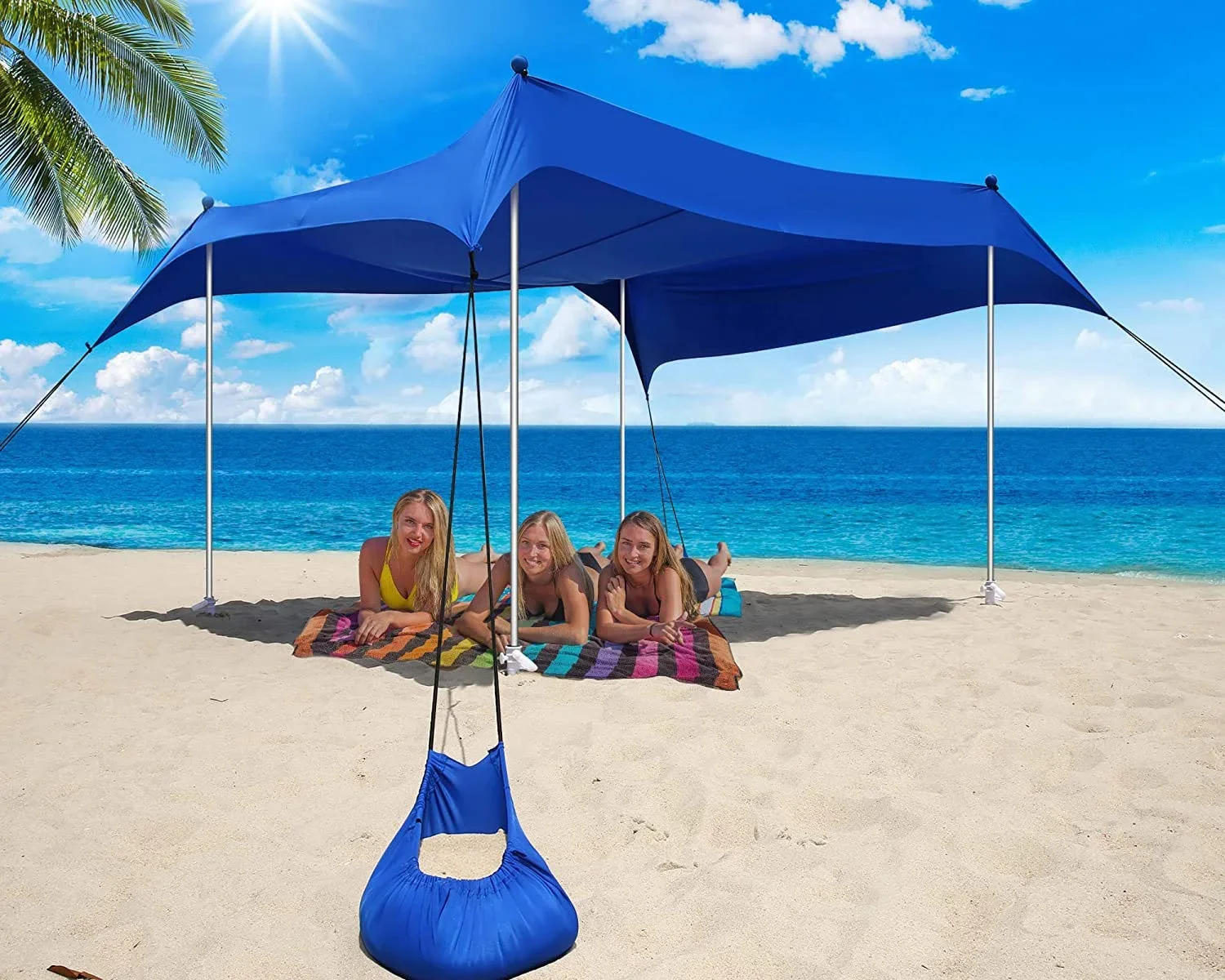 

WOQI 35 Blue With Sandbags Poles Spandex Fabric Summer Family Beach Tent Sun Shelter Canopy For Outdoor