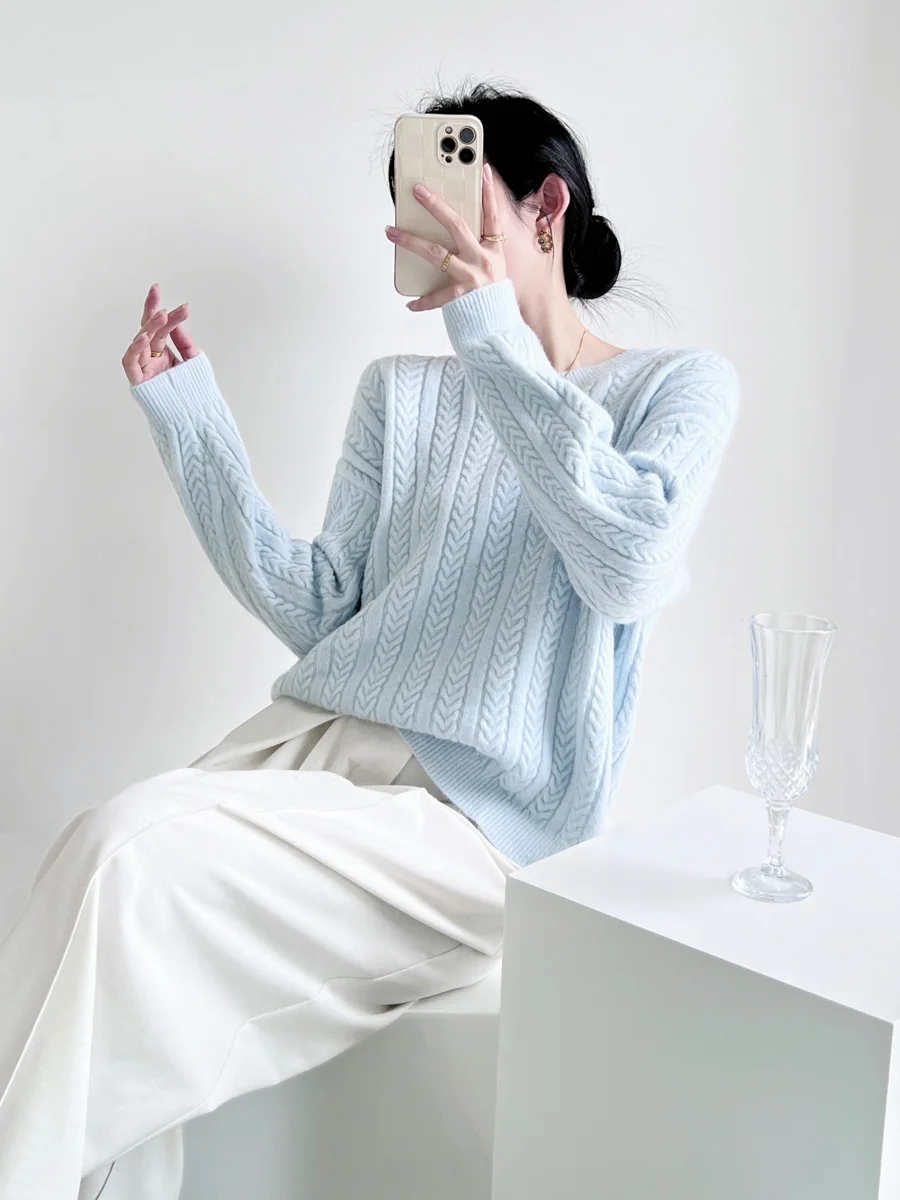 

Осенне-зимний мягкий уютный свитер свободного кроя в стиле ретро, синий, вязаный, женский, модный, повседневный, с круглым вырезом, стандартный крой