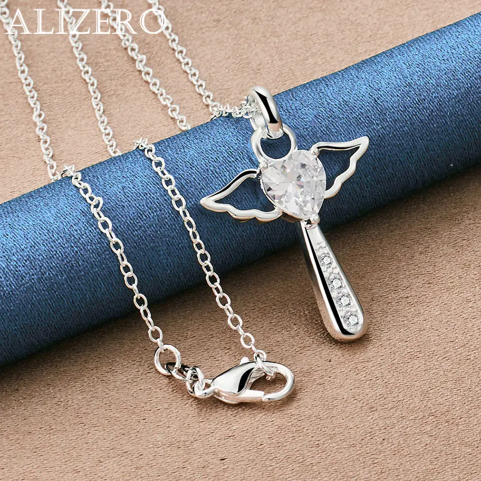 

ALIZERO стерлингового серебра 925 пробы, крыло, сердце, циркон, крест, кулон, ожерелья с цепочкой 16-30 дюймов, женские модные ювелирные изделия, подарок