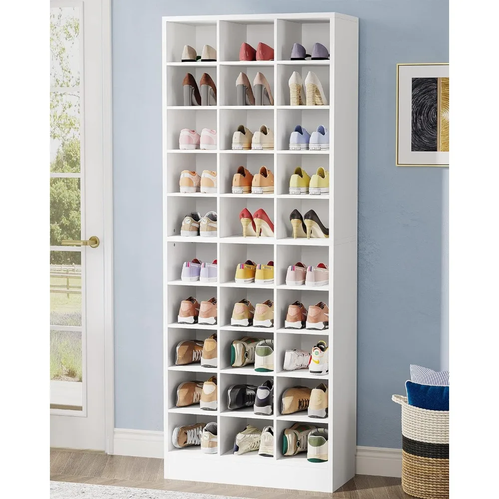 10-Tier Shoe Storage Cabinet, White Wooden Shoe Rack with 30 Cubbies, Freestanding Tall Entryway Shoe Organizer