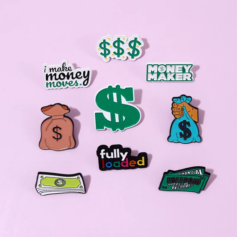 Get Rich Dollar Sign pines esmaltados completamente cargados, broche de monedero de billete, insignias de Metal de solapa, joyería de ensueño, regalo para amigo, venta al por mayor
