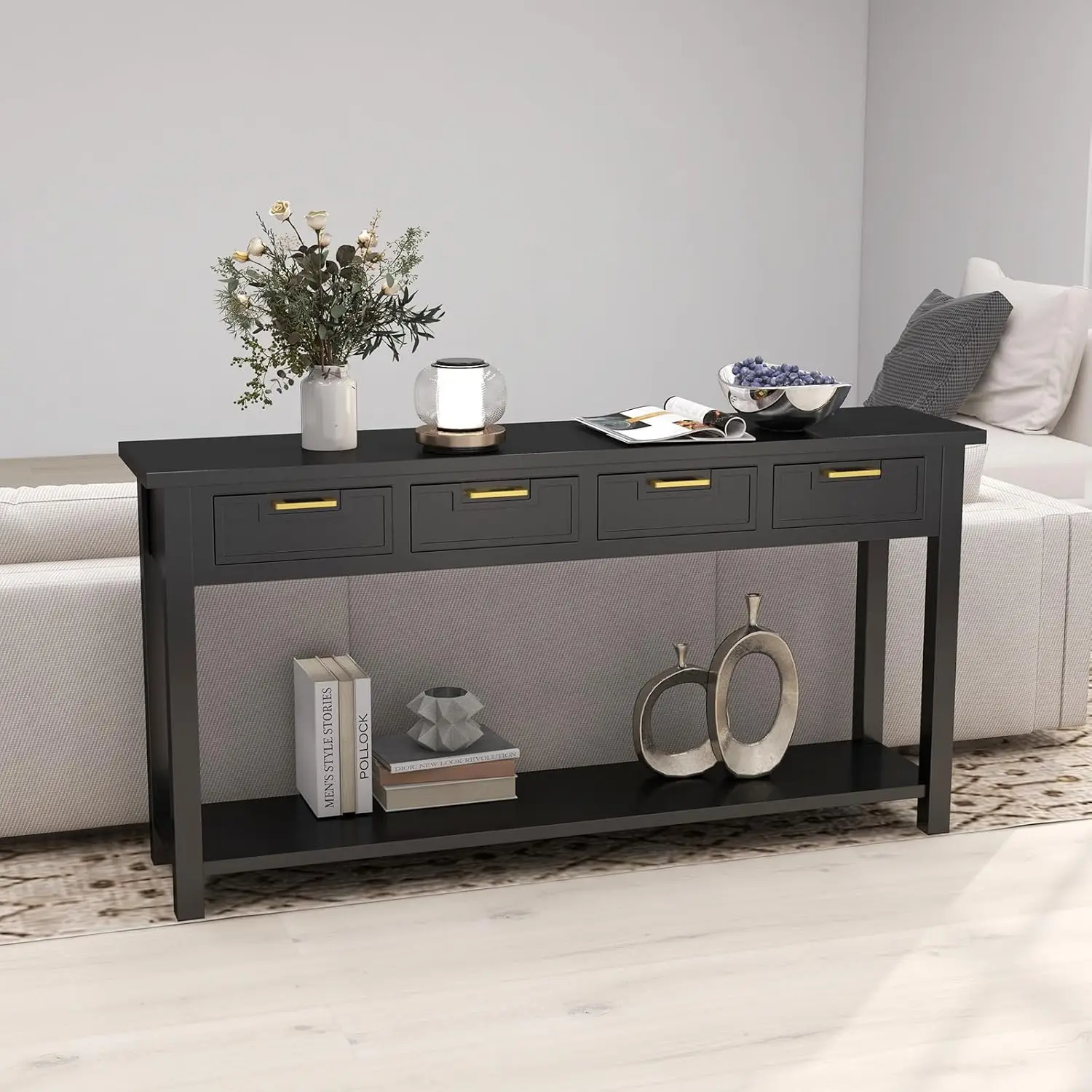 Black Entryway Table 60 Inch - Console Table With 4 Drawers And Open Storage Shelf, Narrow Long Sofa Table For Living Room