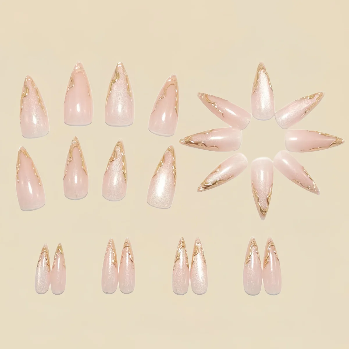 Medium long fake nails for women girls golden silver gilding frame nude french almond nail tips press on false nail art set