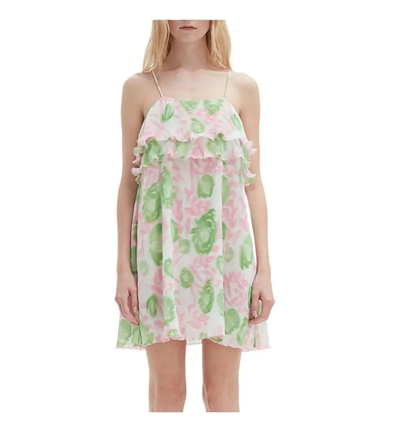 

Elegant Ruffles Ruched Mini Dress For Women Summer New Sleeveless Cute Beach Party Dress Vestidos Spaghetti Strap Short Dress