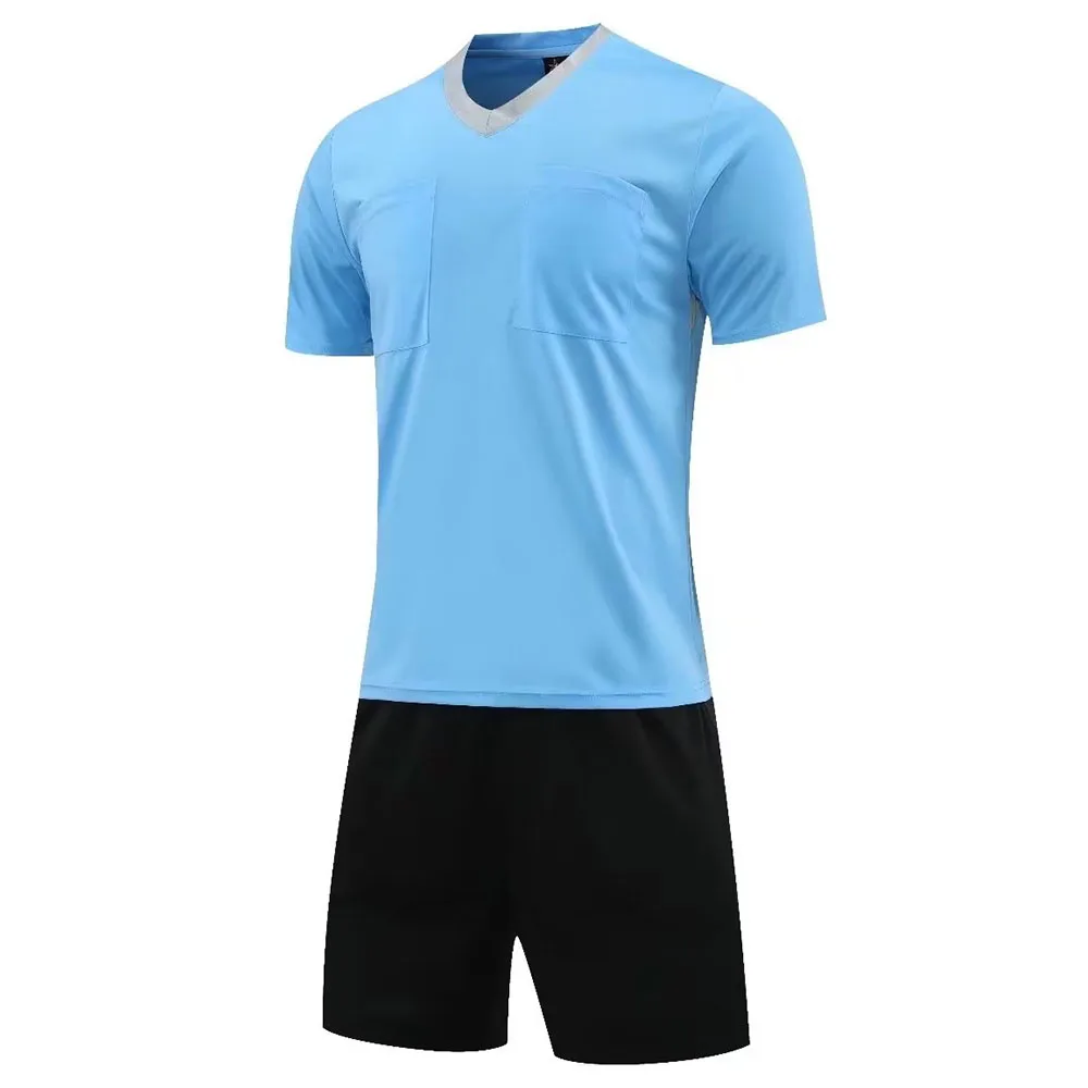 Men Referee Soccer Jersey Sets Professional V-neck Football Referee Uniform Short Sleeve Match Judge Pockets Shirt And Shorts