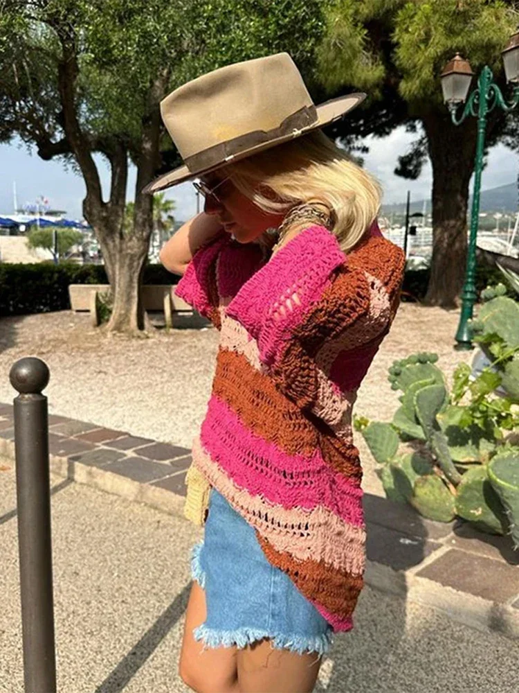 Lady Knit Hollow Out Colour Sweater Stripe Short Sleeve Lapel Female Pullover 2024 Summer Fashion Loose Streetwear Lady Jumper