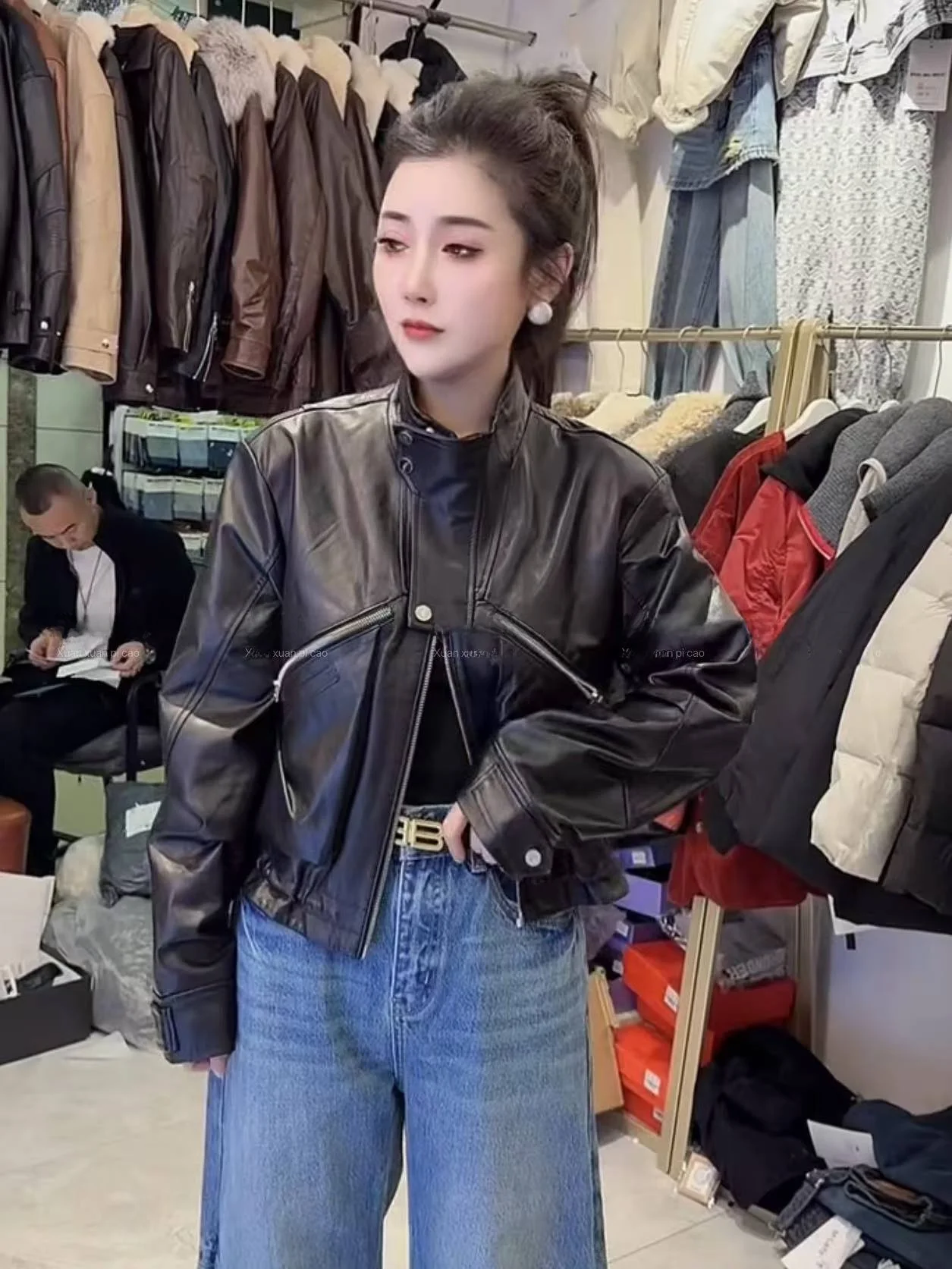 

Новая женская кожаная куртка Ning 2025 из овчины, класса люкс, маленький размер, натуральная кожа, длинный рукав, на молнии