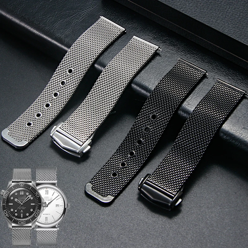 For Omega Seamaster 20mm Silver Black Mesh Bracelet Flat Interface Stainless Steel Watch Strap Breathable Lightweight Design