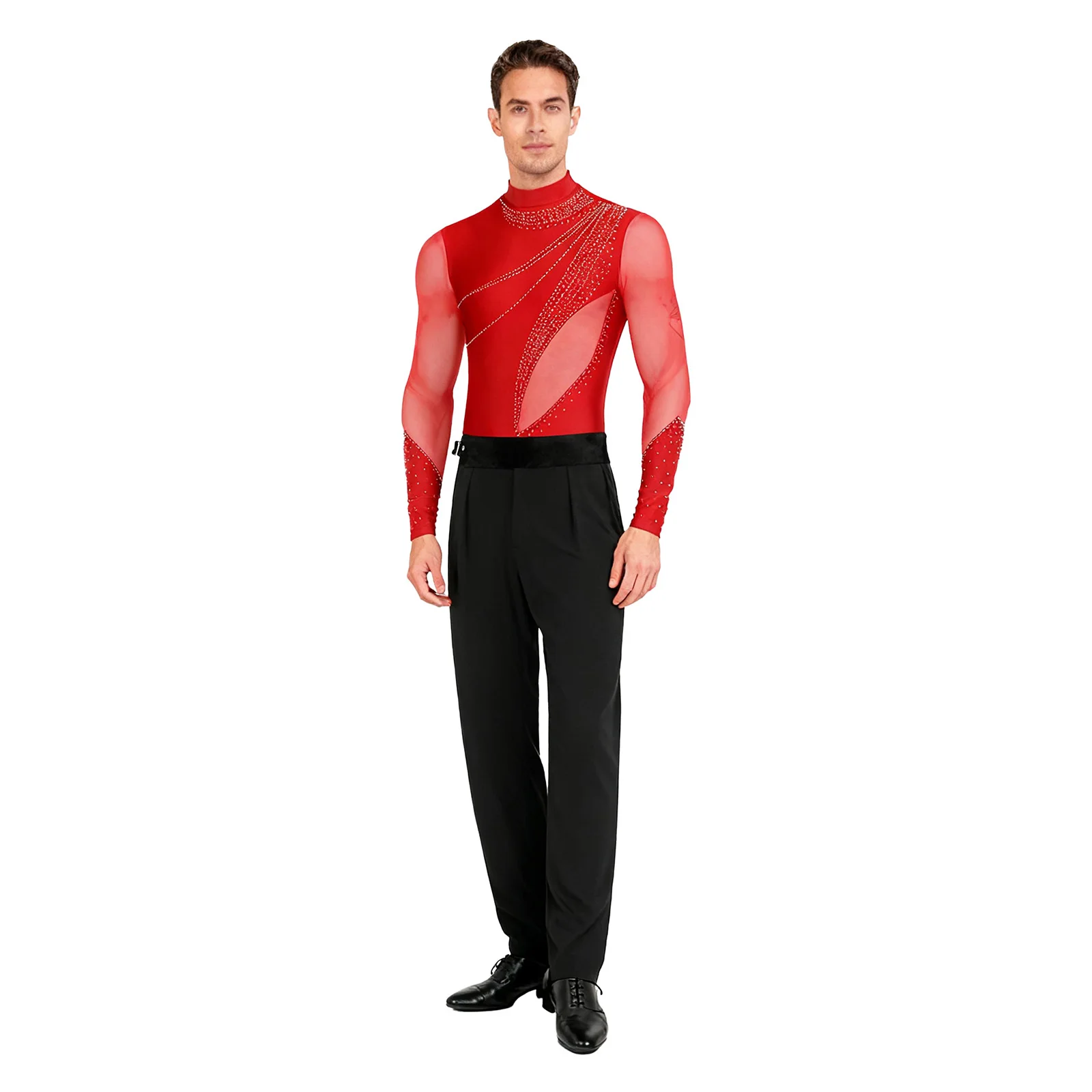 Men Latin Dance Outfit Rhinestone Mesh Long Sleeve Openable Crotch Leotard Bodysuit+Long Pants Ballet Rumba Tango Dance Costume