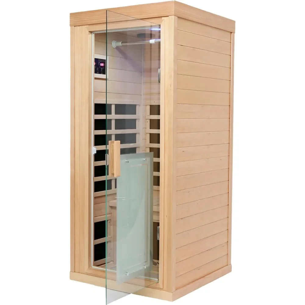 Sala de sauna infravermelha distante, sauna doméstica, sauna interna para 1 pessoa, 1,350 watts, hemlock canadense, lâmpada de leitura LED, controle de display LCD