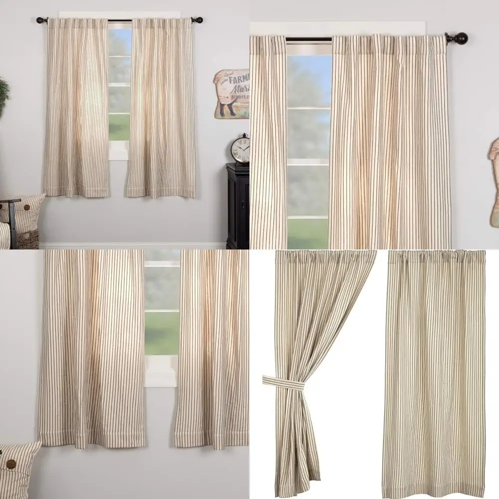 

Vintage Striped Curtains Set of 2, 63 Length, Natural Cream with Black Stripes, Rustic Farmhouse Boho Style