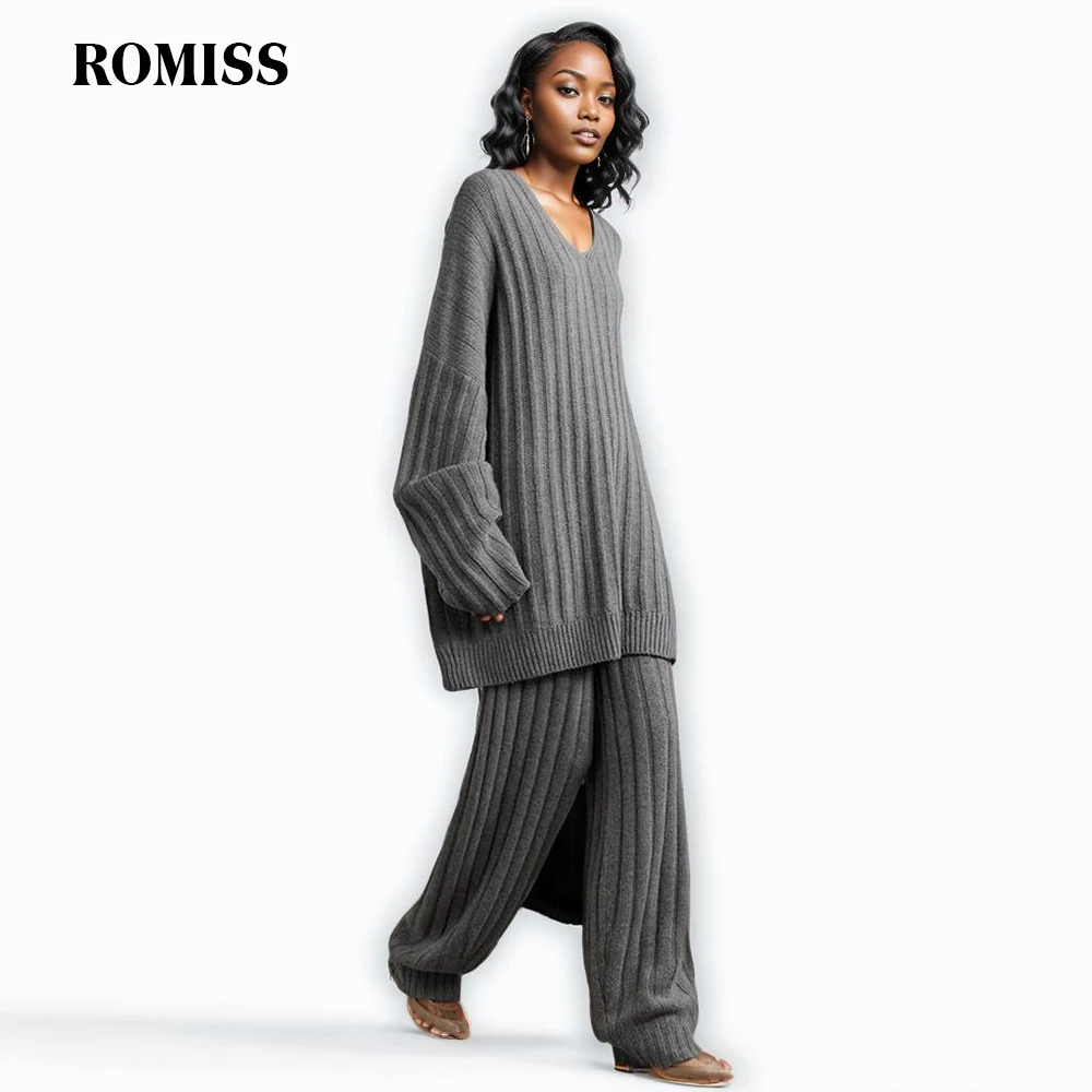 

ROMISS Minimalism Solid Kinited Suits For Women V Neck Long Sleeve Loose Sweater High Wasit Wide Leg Pants Outfits Female New