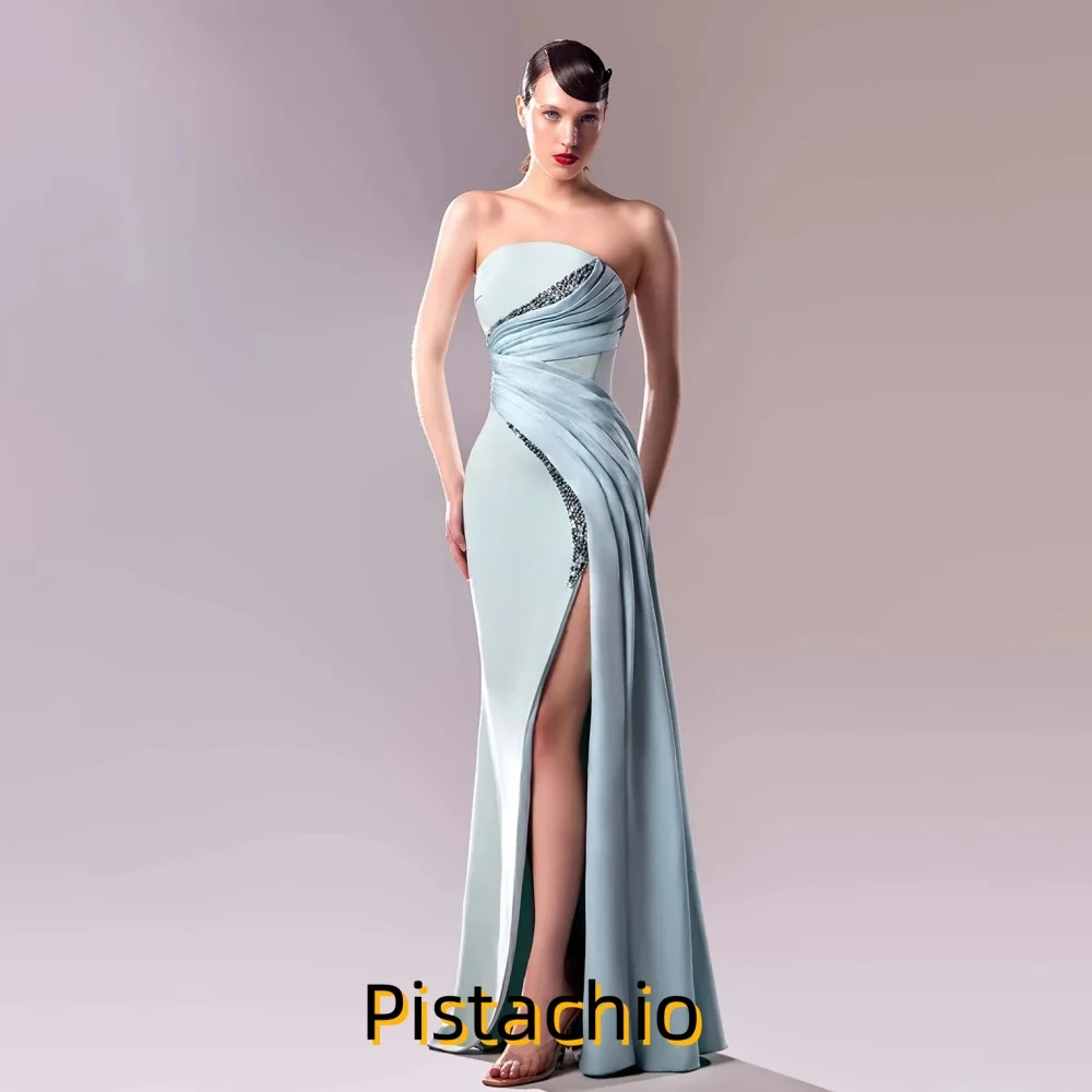 Customized Exqusite Beading Women Prom Dress  Sleeveless Charming Mermaid High Split Floor Length Party Dress Women Evening Gown