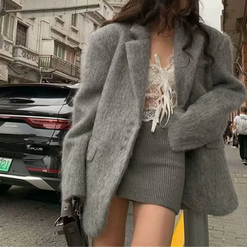 THRUM 2026 Women Winter Blazer Coat Turn Down Collar Warm Coat Turn Down Collar Fashion Design Blazer Feminino Tops Clothes