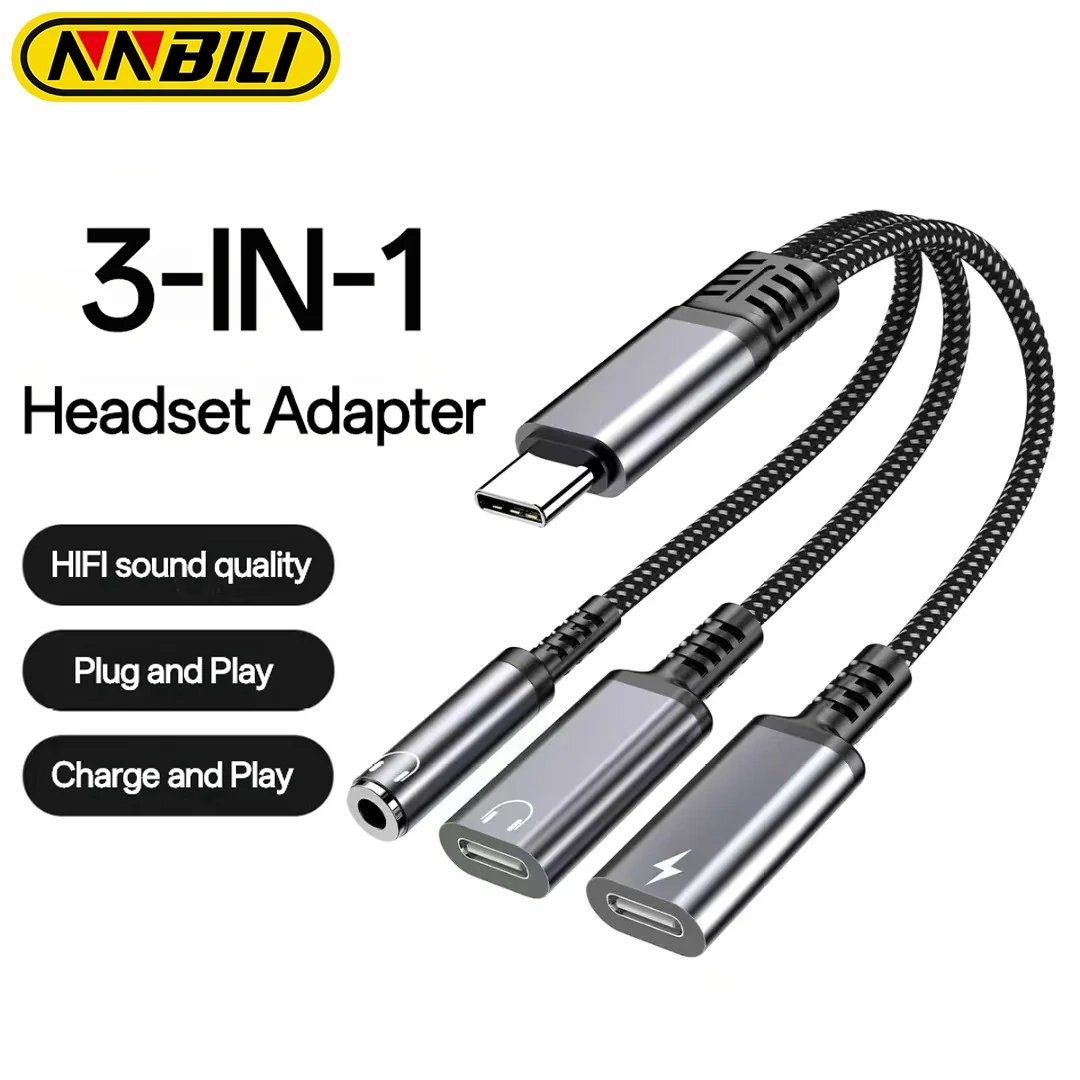 NNBILI 3 w 1 PD 60W Adapter szybkiego ładowania do Iphone16 15 Samsung Type C na podwójny adapter audio typu…