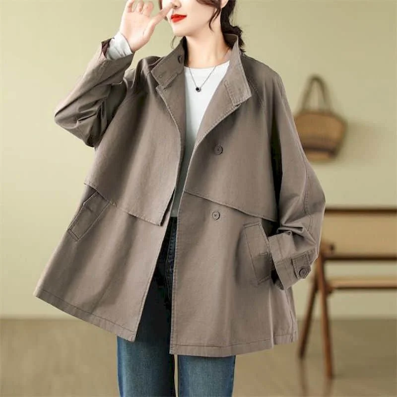 

Solid Trench for Women Autumn Literary Long Sleeve Casual Korean Style Workwear Vintage Stand Collar Coats Women Tops Trend