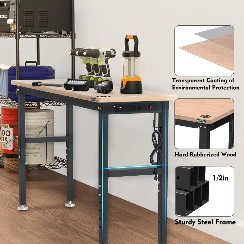 WORKPRO 72" Adjustable Workbench, 3000 LBS Load Capacity Hardwood Garage Workbench with Power Outlets, Rubberwood Top