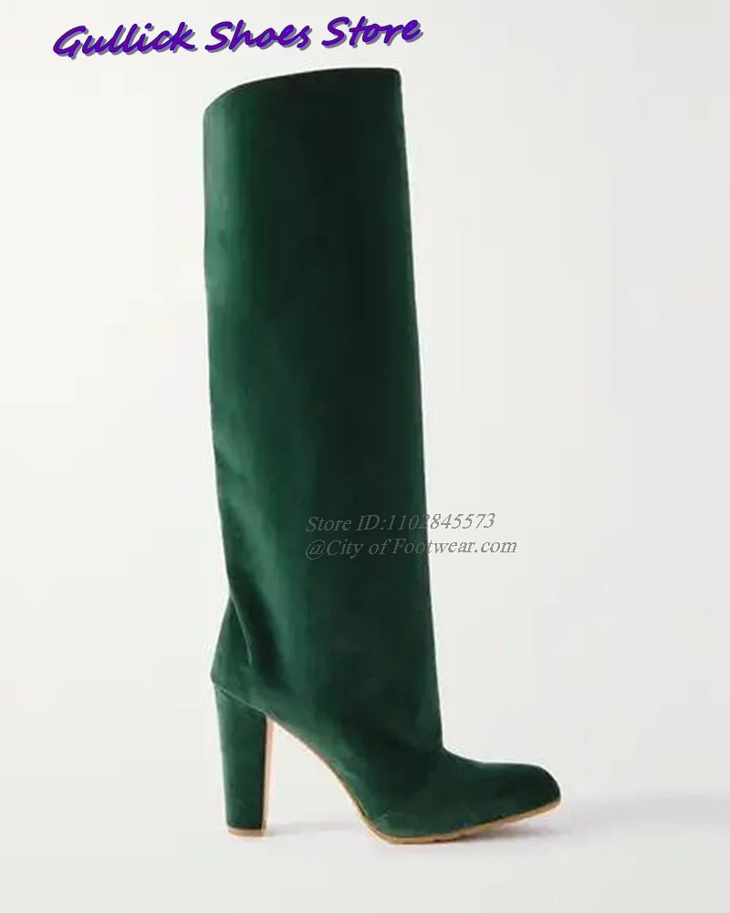 Green Suede Long Boots Pointed Toe Chunky Heel Pull On Wide Fit Knee-High Office Solid Autumn Winter Shoes Big Size New Arrival