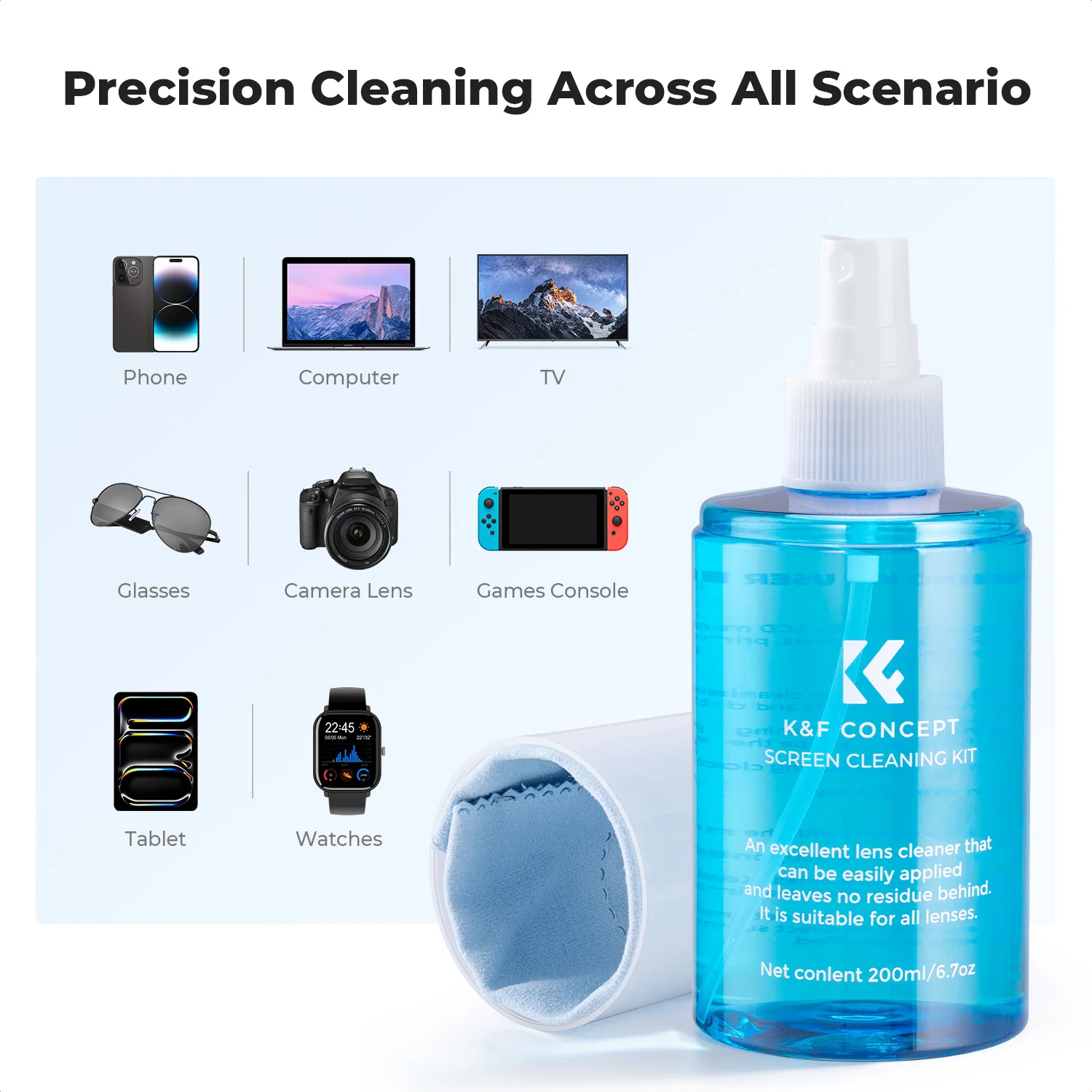 K&F Concept 200 مللي منظف الشاشة رذاذ لعدسة الكاميرا PC الهاتف الخليوي نظارات ساعة CCD/CMOS السائل النظيف مع 2 قماش ستوكات
