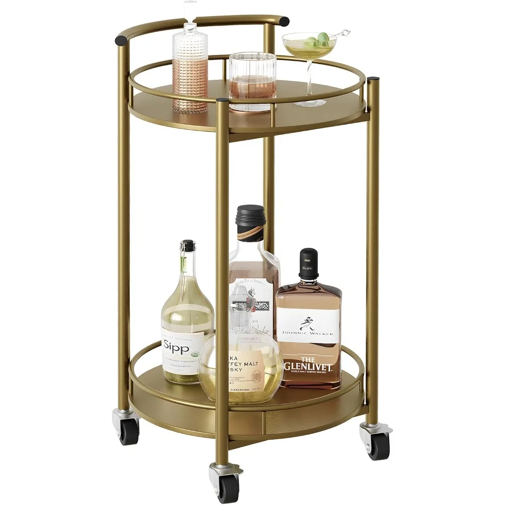 

Gold Rolling Home Bar Cart with 2 Tiers, Round Wine Serving Cart, Metal Rack, and Casters