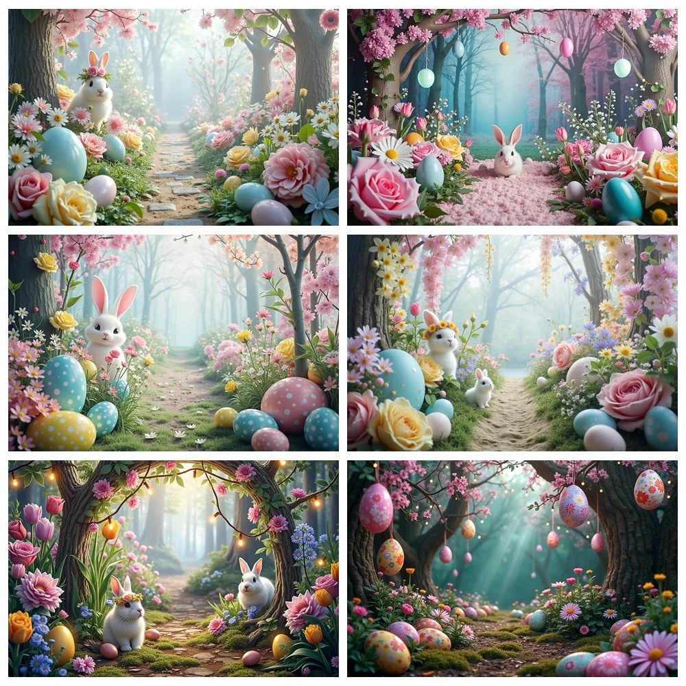 

MOON.QG Easter Egg Forest Backdrop Photography Rabbit Pathway Party Decoration Photozone Background Children Photobooth Props