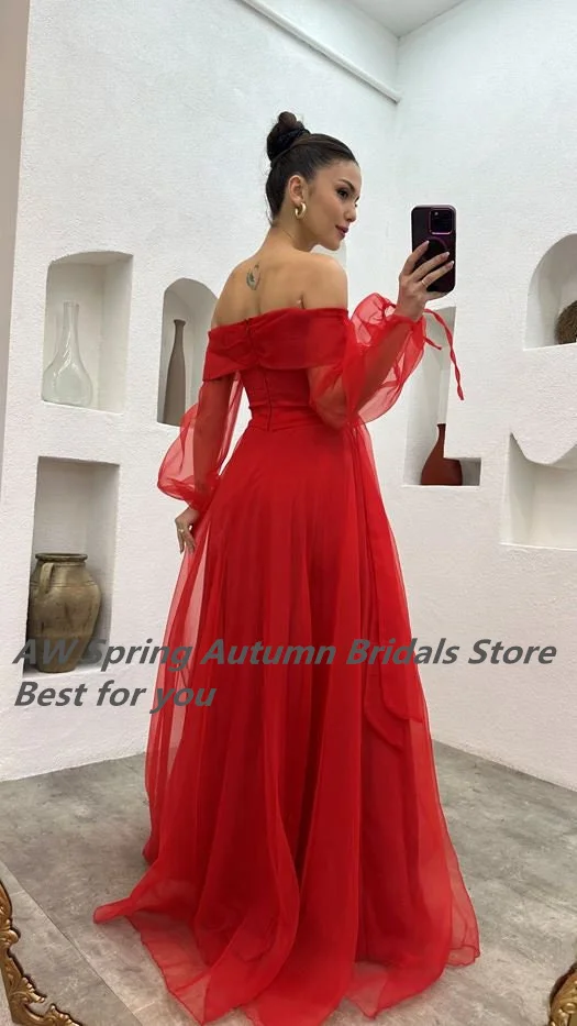 Sexy High Slit Tulle A Line Prom Dresses Sweetheart Long Sleeves Floor Length Women Cocktail Party Evening Gowns