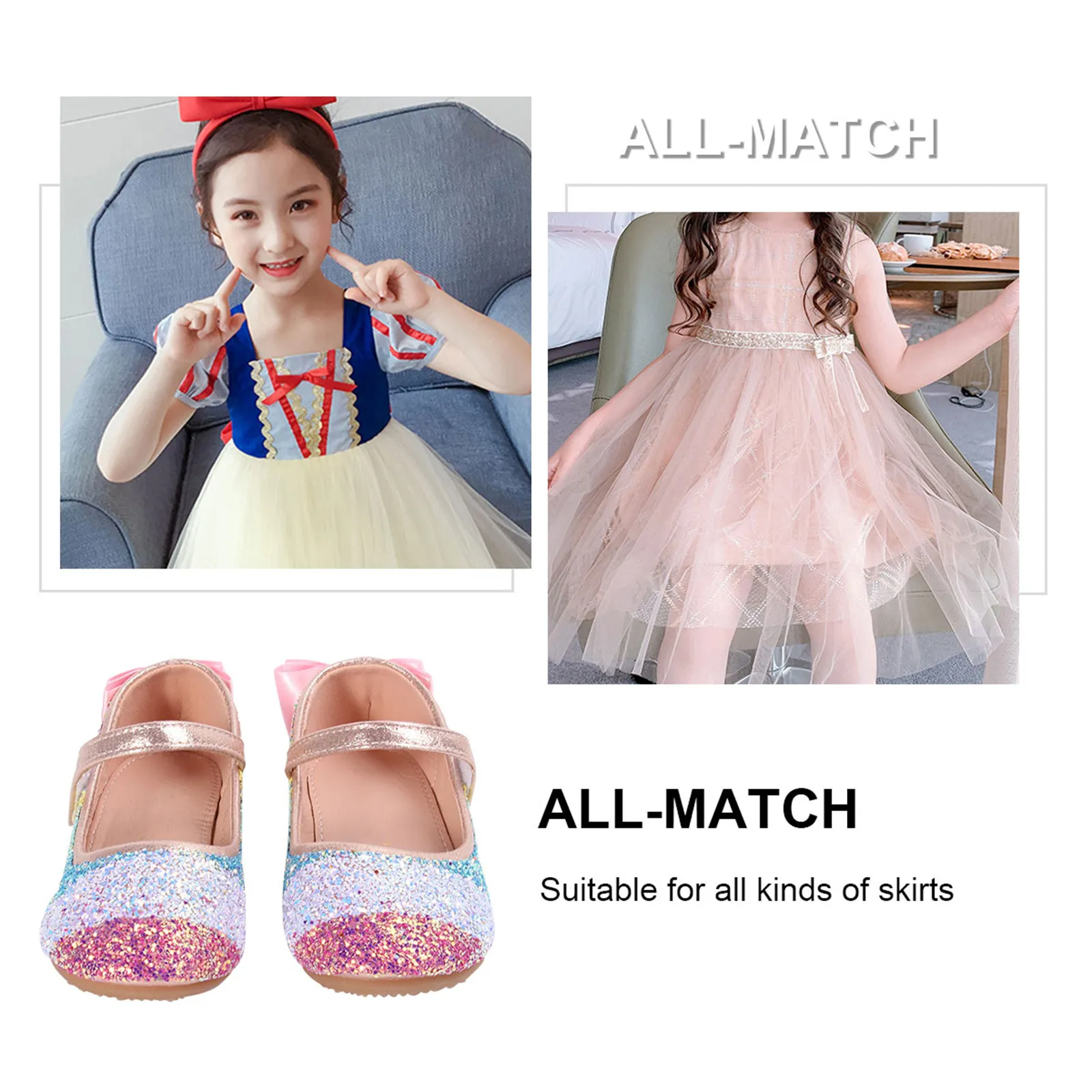 1Pair Girls Princess Shoes Classic Design Waterproof PU Tpr Outsole Hard Wearing Gum Sole Matching Tutu Dress Shorts