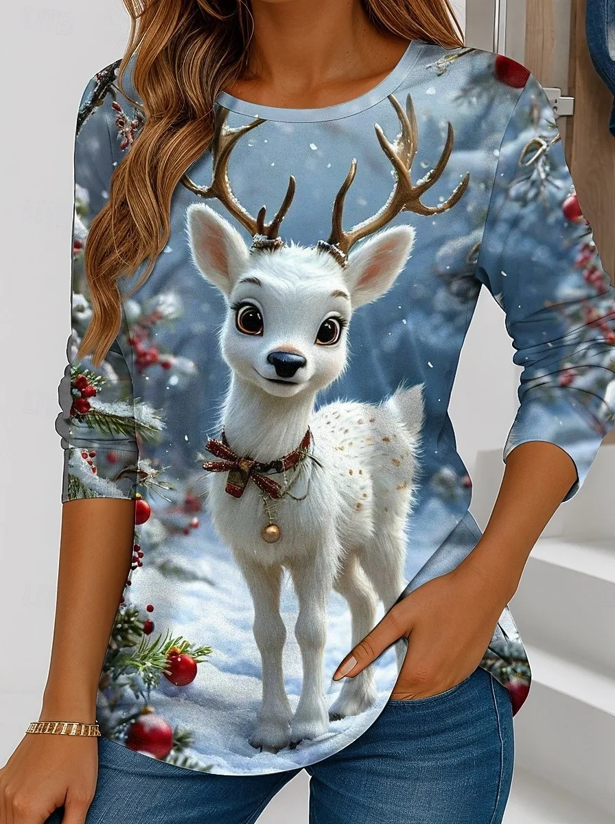 تي شيرت نسائي بأكمام طويلة مطبوع عليه حيوان الرنة لعيد الميلاد من القطن المقلد الناعم برقبة دائرية ملابس كاجوال لحفلات العطلات