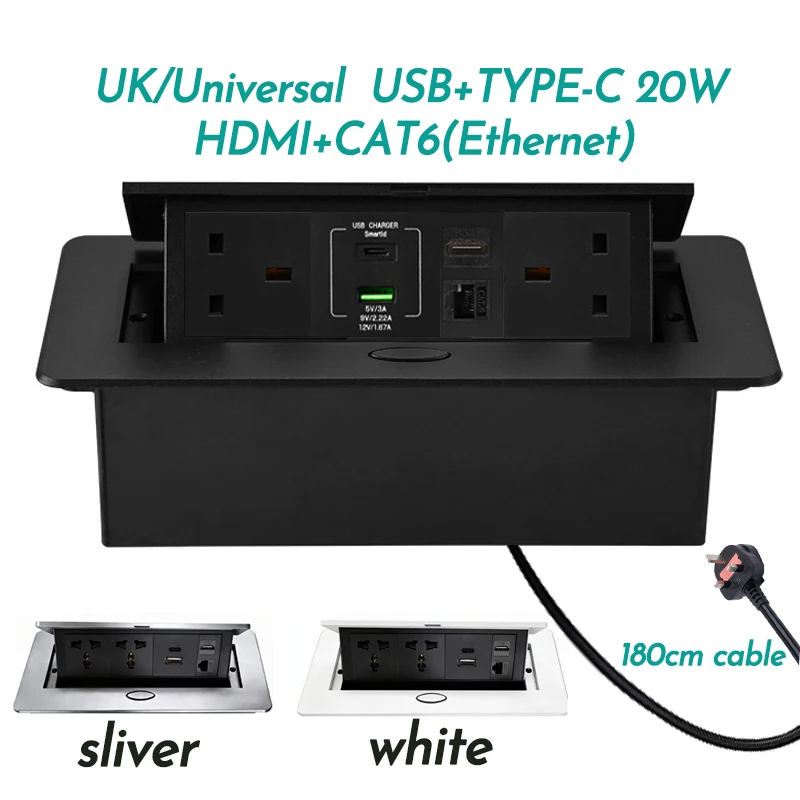 FUNAYA UK Universal Pop Up Hidden Socket with USB 5V 2.1A 20W Ethernet Outlets RJ45 HDMI Ports Desktop Office Power Sockets