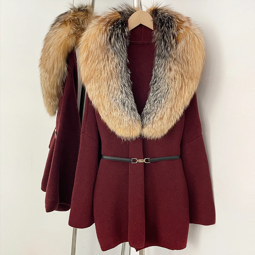 Real Fox Fur Jacket Women's Sweater Oversize Sweater Women's Knitted Jacket with Natural Fur Female Knit Coat Clothing Outerwear