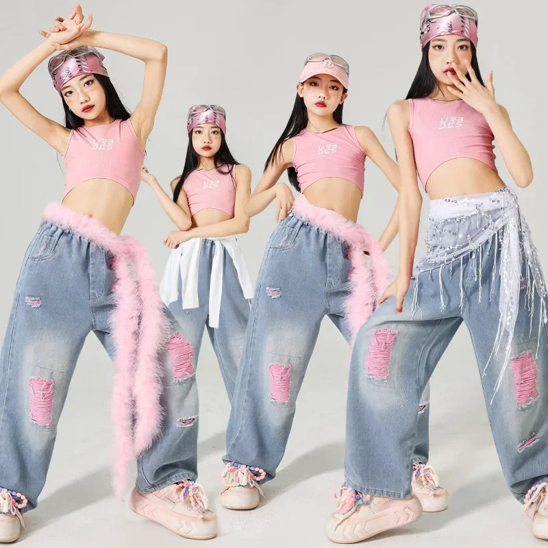Fashion Clothes Kid Street Dance Wear Jazz Dance Performance Costume Girl Kpop Stage Outfit Pink Vest Loose Jeans Summer