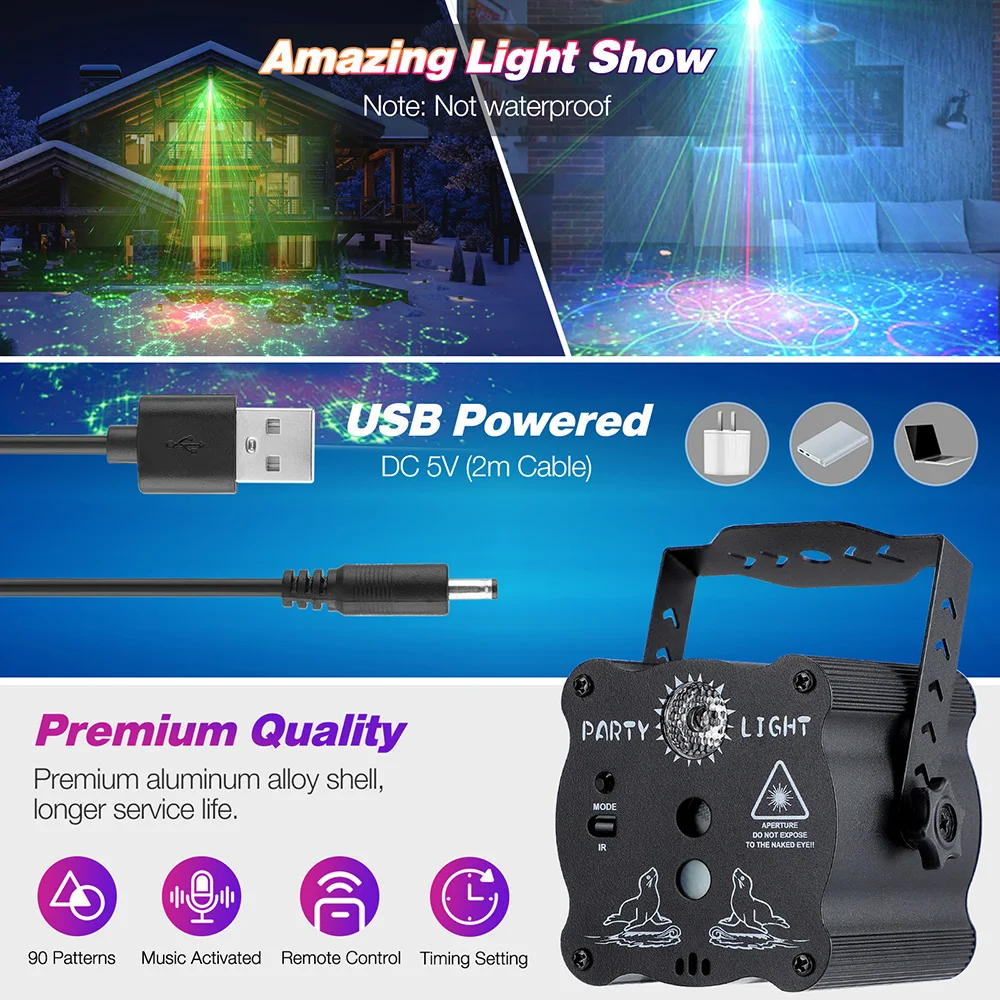 Party DJ Disco Light USB Rechargeable RGB LED Strobe Stage Laser Sound Activated Projector for Dance Birthday Wedding Bar Xmas