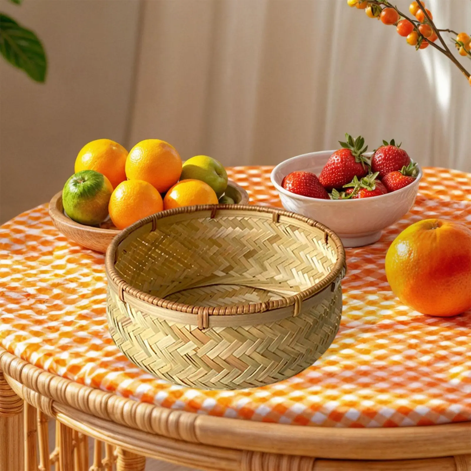 Bamboo Woven Storage Basket Handcrafted Snack Bowl Organizer Tray for Kitchen Table Picnic Breakfast