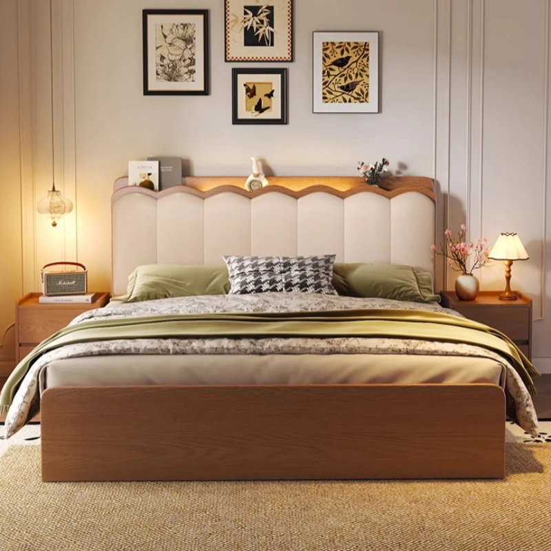Walnut Color Bed Minimalist Modern Pneumatic High Box Storage Bed with Light and USB Charging Interface Furniture Bed 2 People