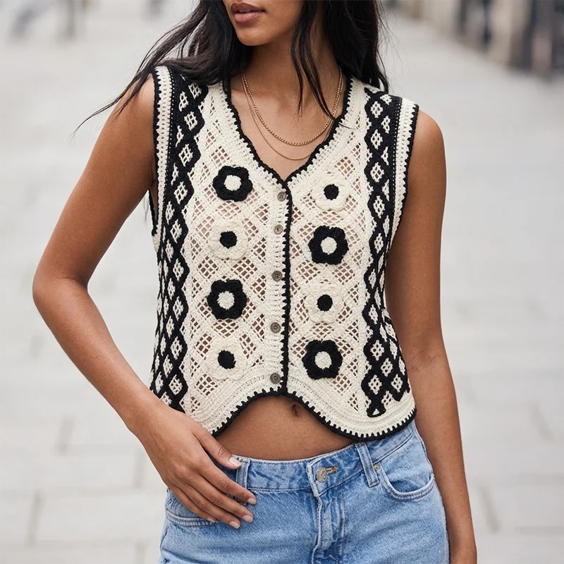 Women's Crochet Knit Vest Top Floral Embroidered Button Front Sleeveless Waistcoat Summer Vacation Boho Beach Wear