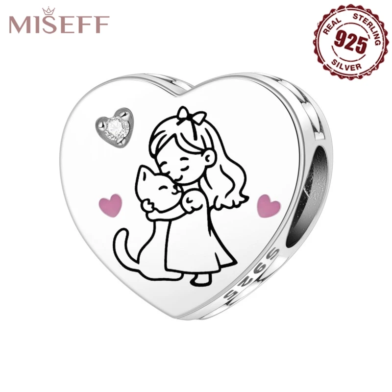 

MISEFF New Real 925 Sterling Silver I Love My Cat Charms Beads Heart Shape Original Bracelets Jewelry Party Birthday Women