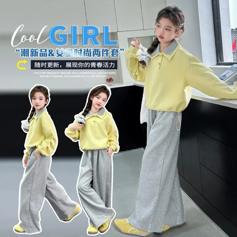 5 6 8 10 12 14 Years Girls Clothing Set Patchwork Lapel Pullover Sweatshirt+Wide-Leg Pants 2Pcs For Teen Kids Casual Suit