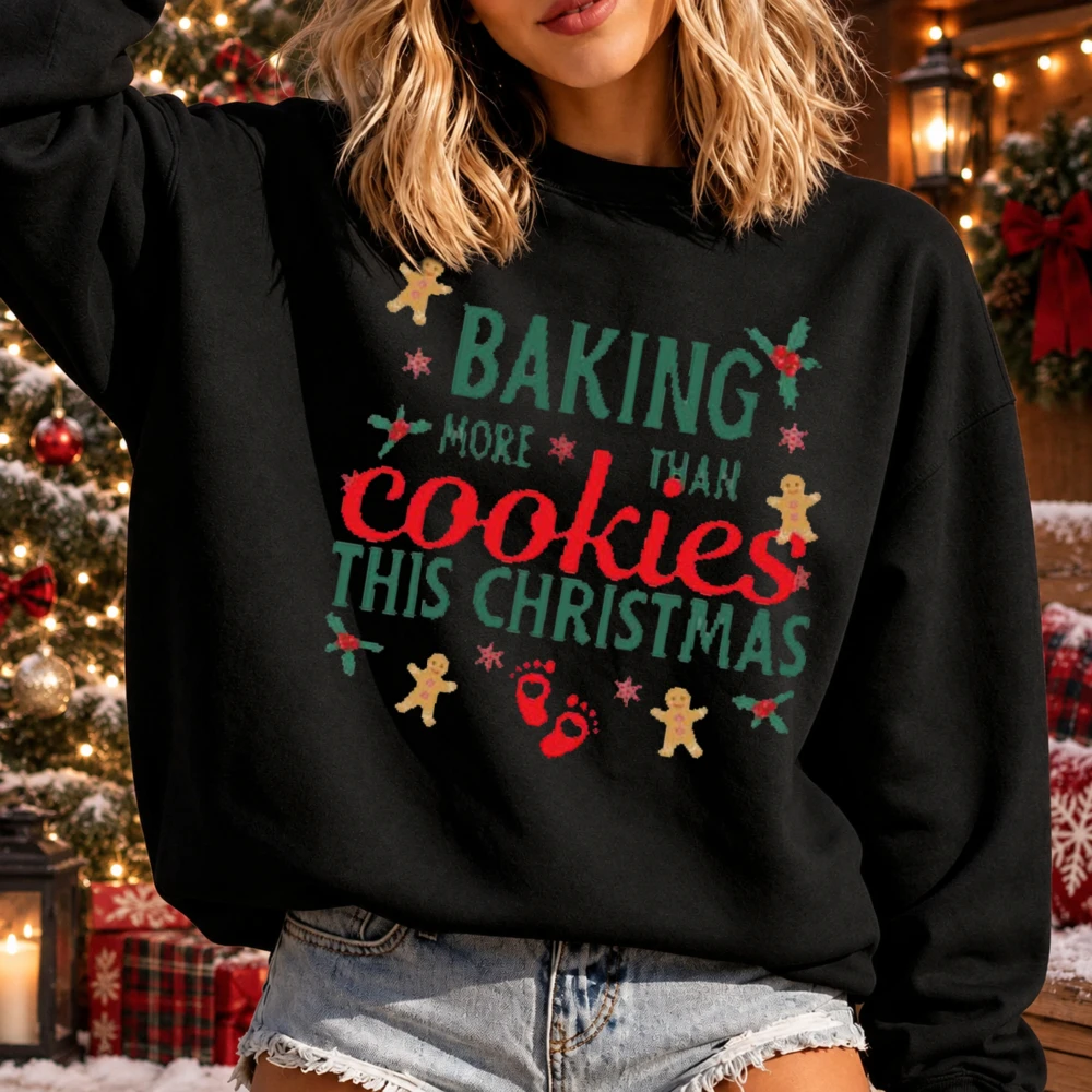 Knit Baking Cookies Womens Sweatshirt Green Red Letter Cookie Footprint Winter Xmas Pullover Knit Pregnancy Top