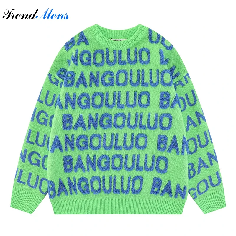 

Letters Knitwears Men Flocked Jacquard Street Sweater Trendy Loose Casual Round Neck Pullover Couple Christmas Clothing