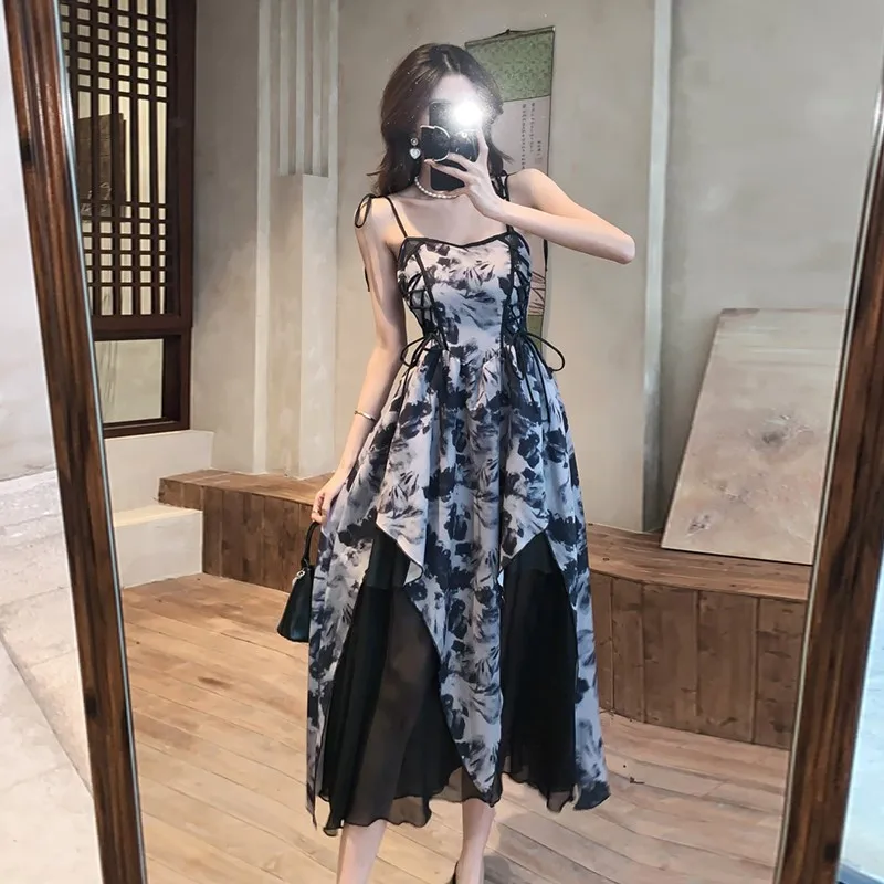 Ink Painting Printing Slip Dress Women's Irregular Stitching Fake Two-Piece Seaside Beach