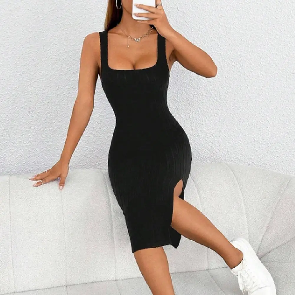 Spaghetti Strap Women Knitted Dress Autumn Winter Full Sleeve Elastic Basic Body Sweater Side Split Sheath Club Party Midi Dress