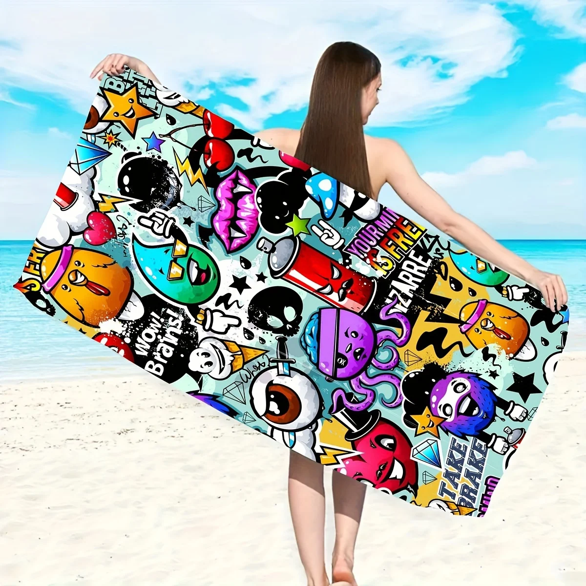 Graffiti Cartoon Beach Towel Street Art Print Urban Design Quick Dry Soft Microfiber Bath Towel For Teens Youth Gift_voghion.com