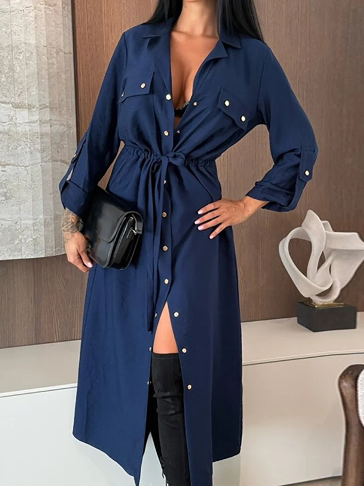 

Элегантное длинное платье макси с завышенной талией на шнуровке, свободного кроя, на пуговицах, для отдыха, офиса, в ретро-стиле, с длинными рукавами, женское, для вечеринок