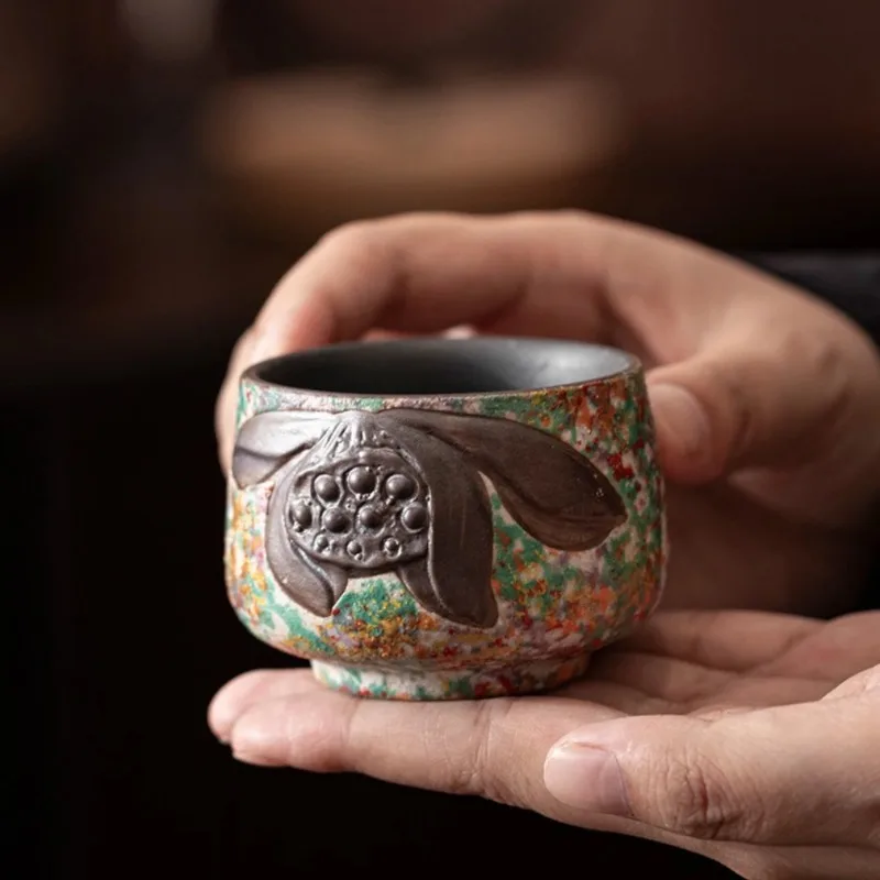 

100ML Rock Painting Time Lotus Cup Retro Ceramic Master Cup Household TeaCup Chinese Kung Fu Teacup Gift Tea Ceremony Decoration