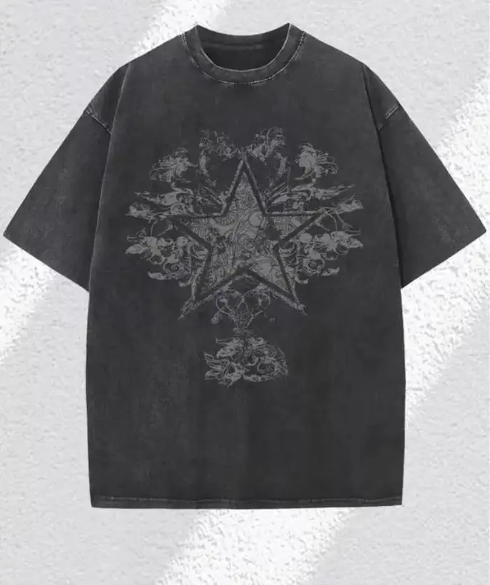 Y2K Star Graphic T Shirt Men Vintage Acid Wash Oversized Tee Gothic Streetwear Harajuku Floral Print Heavy Cotton Casual Top 2026